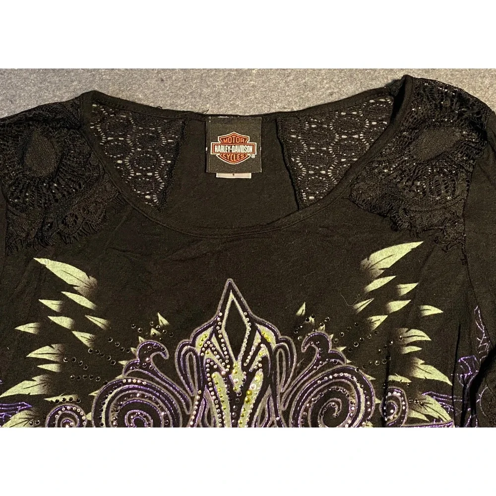 Vintage‎ HARLEY DAVIDSON Lace Back Rhinestone Women's LONG SLEEVE black SMALL
